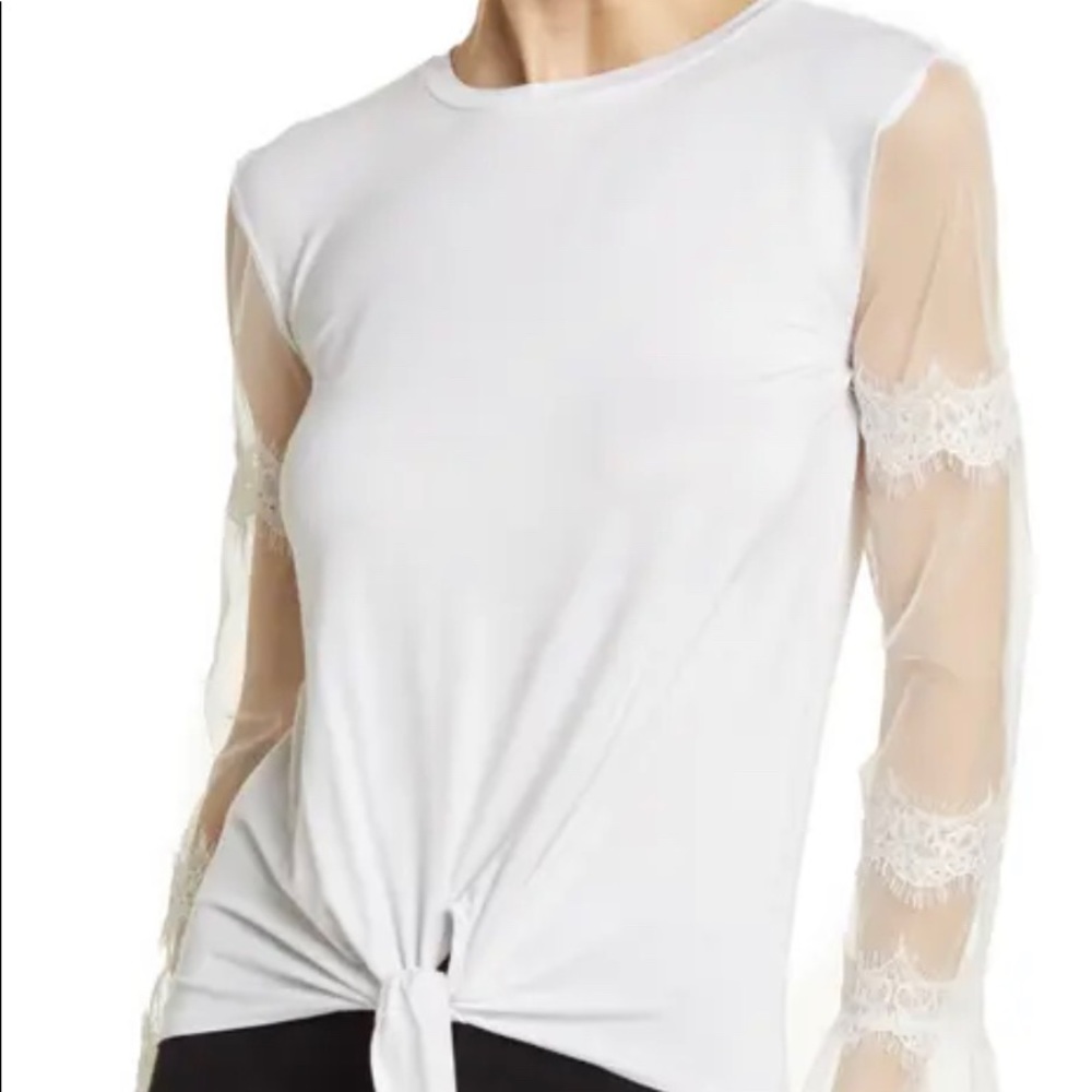 RAIN Tie Up Hem Top w/Lacey Sheer Sleeves